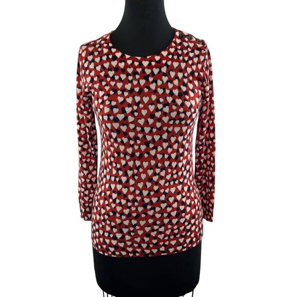 J.CREW Tippi Merino Wool Red White Black Hearts Print Shoulder Sweater Small S - Picture 1 of 9